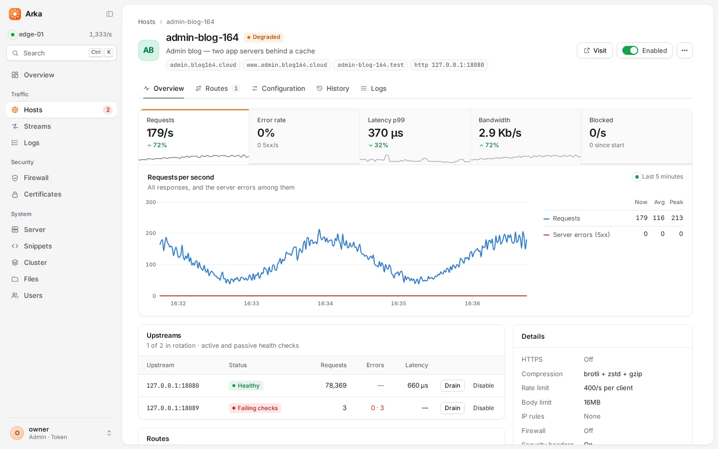 One host's page with its routes, settings and live statistics.